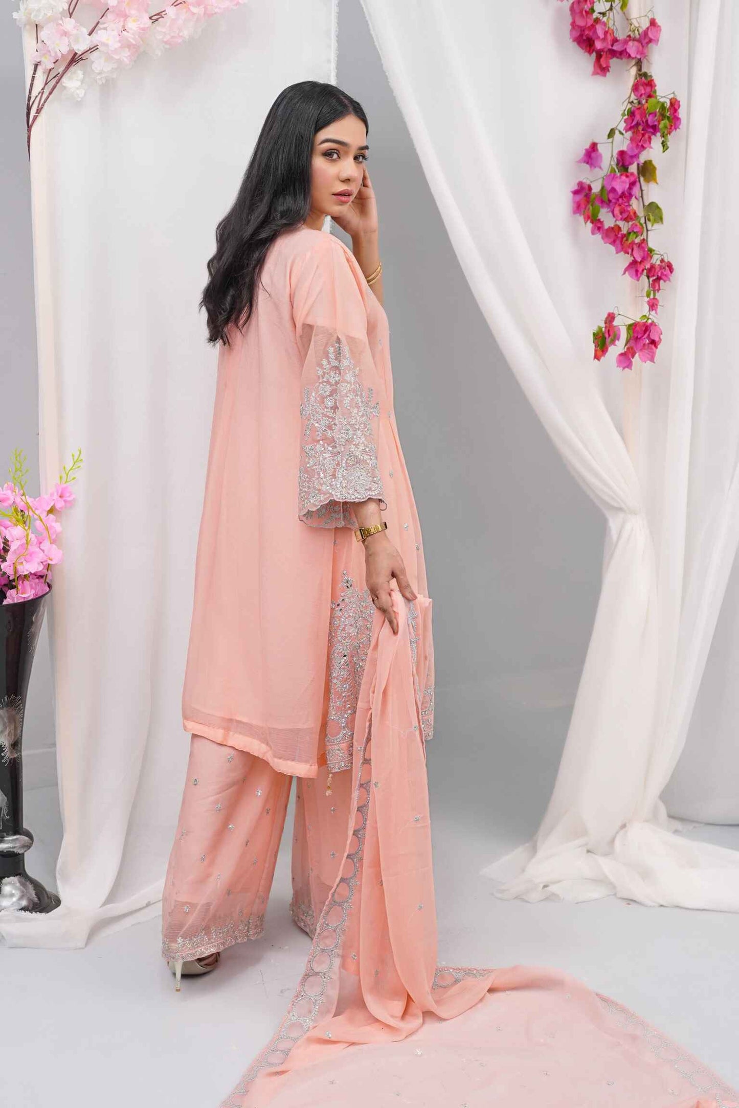 Premium Semi-Pure Chiffon Embroidered Dress – Handcrafted Handwork – Ready-to-Wear Wedding & Parties (Sizes S/M/L)