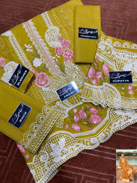 3-PC SUIT ON COTTON CHICKENKAARI WITH CHIFFON DUPATTA KZ-1014