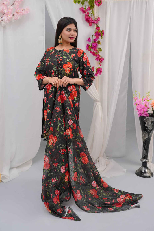 Swiss Premium Lawn 3-Piece Embroidered Suit (Shirt + Dupatta + Trouser) – Black Floral with Tassel Dori Detail – Sizes S/M/L