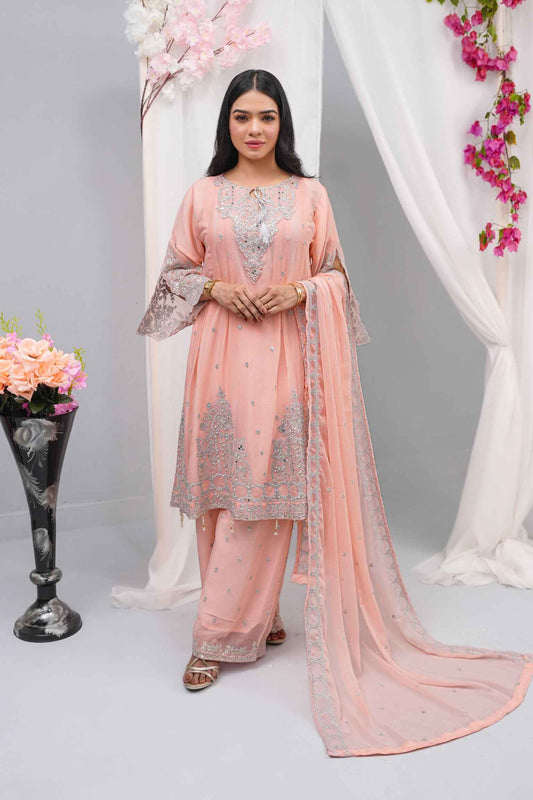 Premium Semi-Pure Chiffon Embroidered Dress – Handcrafted Handwork – Ready-to-Wear Wedding & Parties (Sizes S/M/L)