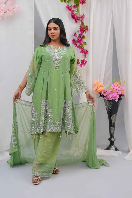 Premium Semi-Pure Chiffon Embroidered Dress – Handcrafted Handwork – Ready-to-Wear Wedding & Parties (Sizes S/M/L)