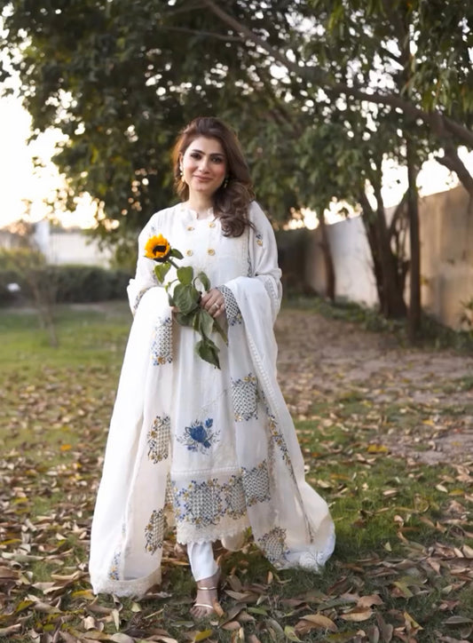 "Elegant Off-White Cotton Chikankari Dress Set – Heavy Embroidery, Organza Dupatta & Plain Trouser | Unstitched Party Wear | Summer Brunch Outfit"