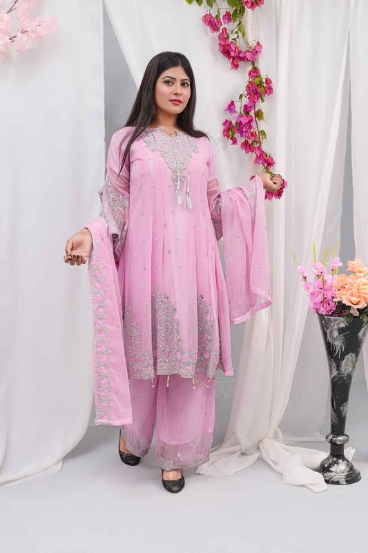 Premium Semi-Pure Chiffon Embroidered Dress – Handcrafted Handwork – Ready-to-Wear Wedding & Parties (Sizes S/M/L)