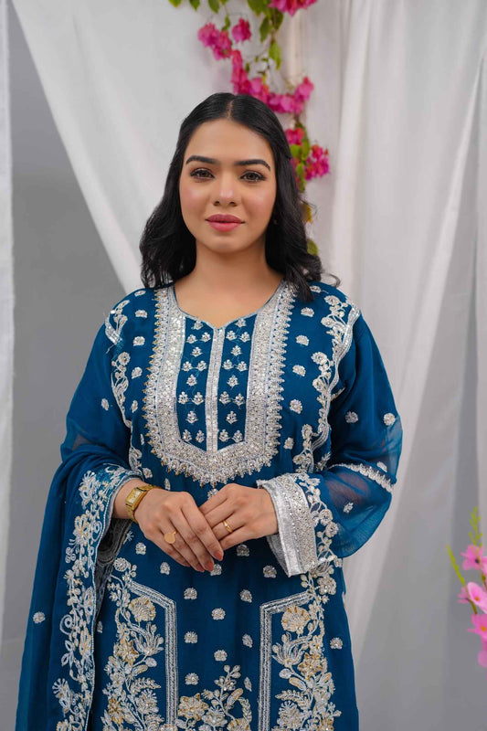 Hand-Embroidered Chiffon 3-Piece Suit (Zari + Sequins) – Pastel Floral with Kiran Lace & Lining