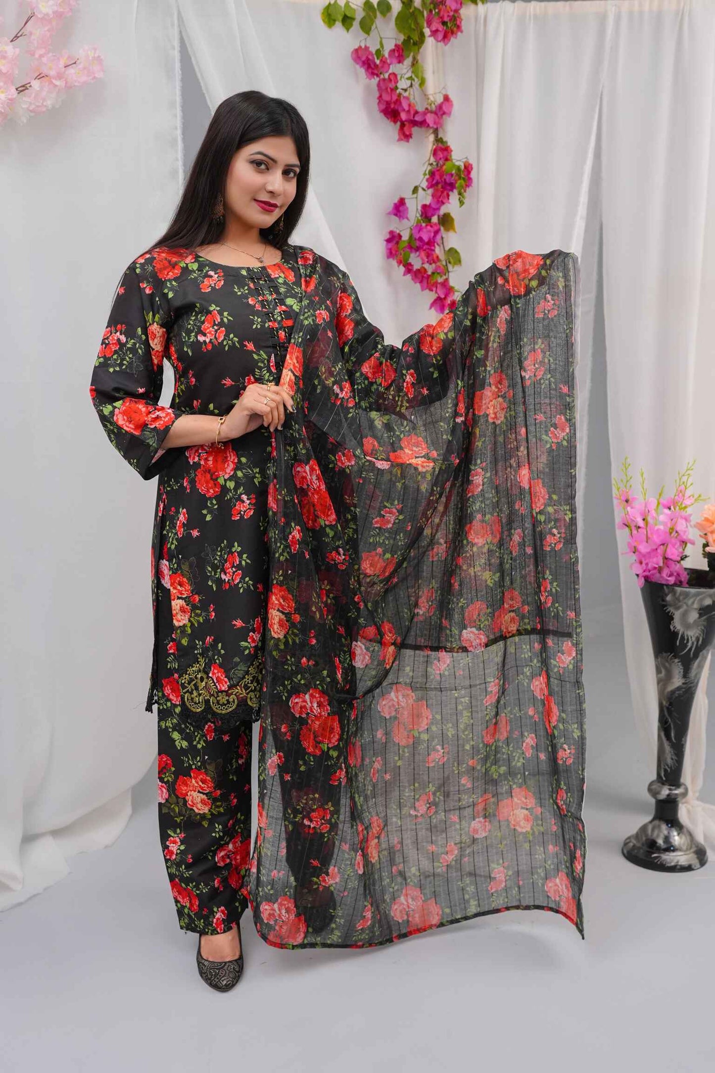 Swiss Premium Lawn 3-Piece Embroidered Suit (Shirt + Dupatta + Trouser) – Black Floral with Tassel Dori Detail – Sizes S/M/L
