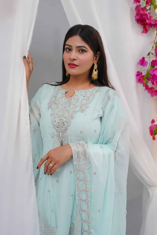Premium Semi-Pure Chiffon Embroidered Dress – Handcrafted Handwork – Ready-to-Wear Wedding & Parties (Sizes S/M/L)