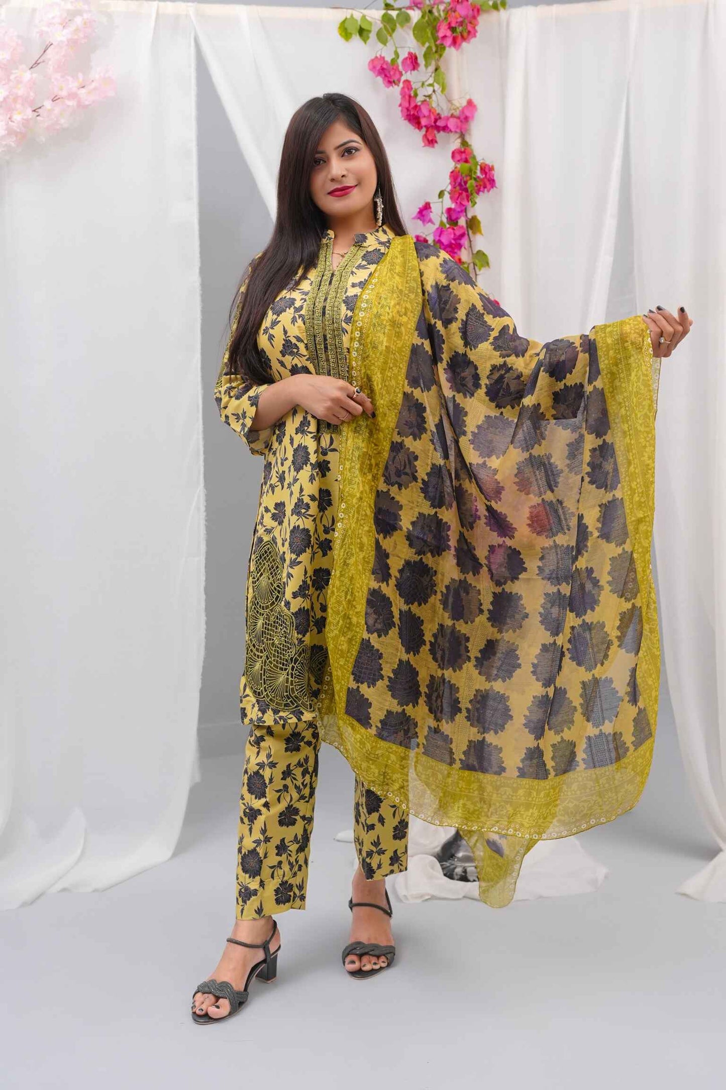 Swiss Premium Lawn 3-Piece Embroidered Suit (Shirt + Dupatta + Trouser) – Olive Floral  – Sizes S/M/L