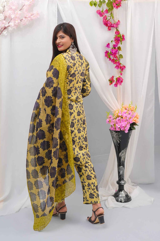 Swiss Premium Lawn 3-Piece Embroidered Suit (Shirt + Dupatta + Trouser) – Olive Floral  – Sizes S/M/L