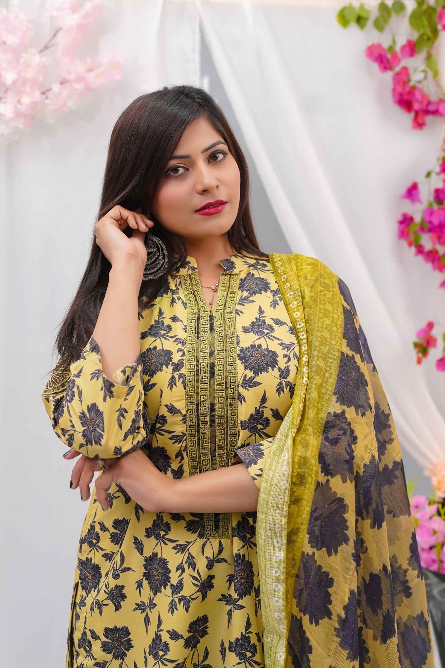 Swiss Premium Lawn 3-Piece Embroidered Suit (Shirt + Dupatta + Trouser) – Olive Floral  – Sizes S/M/L