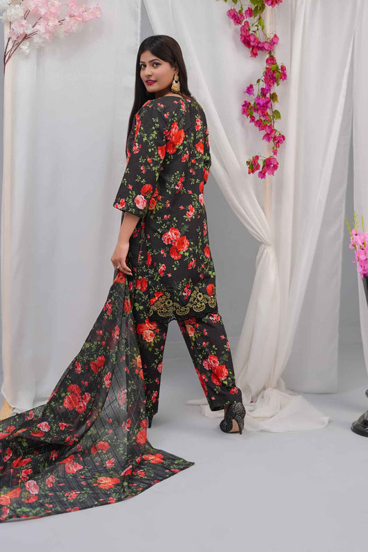 Swiss Premium Lawn 3-Piece Embroidered Suit (Shirt + Dupatta + Trouser) – Black Floral with Tassel Dori Detail – Sizes S/M/L