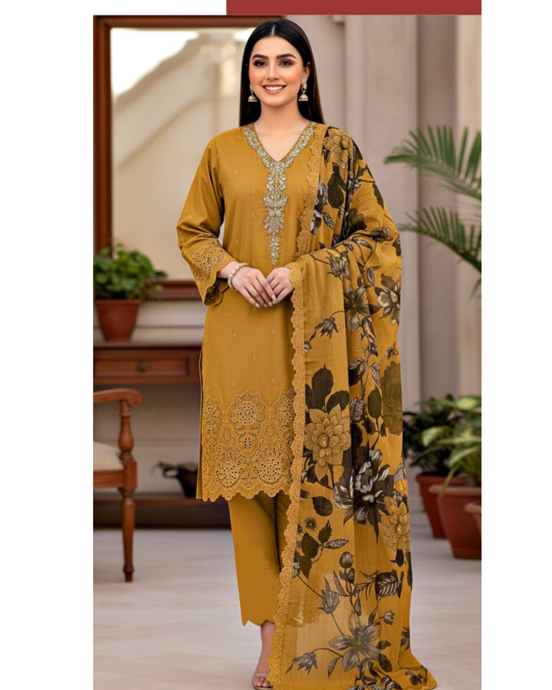 3-PC Cotton Suit With chiffon Digital print Dupatta KZ-1001