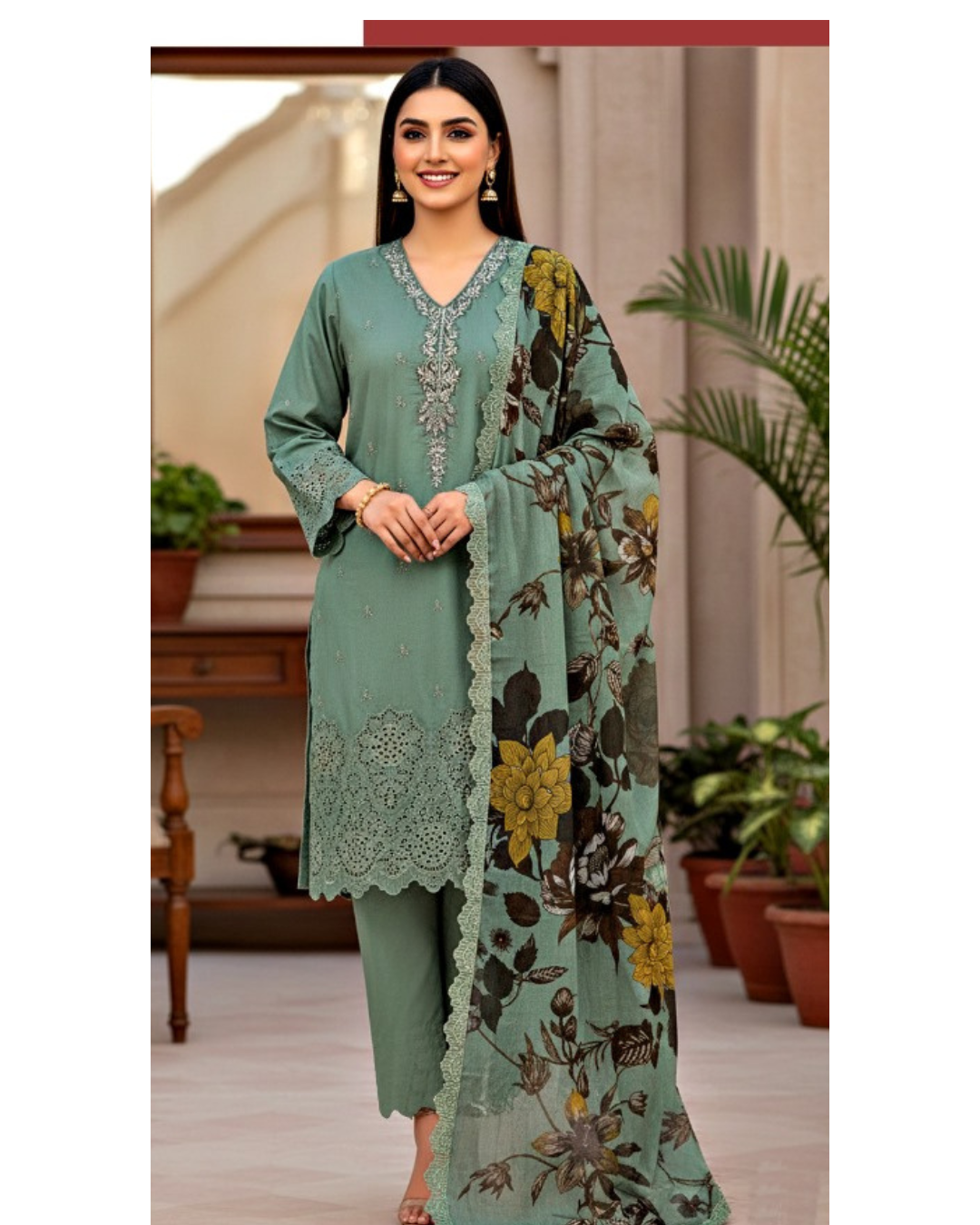 3-PC Cotton Suit With chiffon Digital print Dupatta KZ-1002