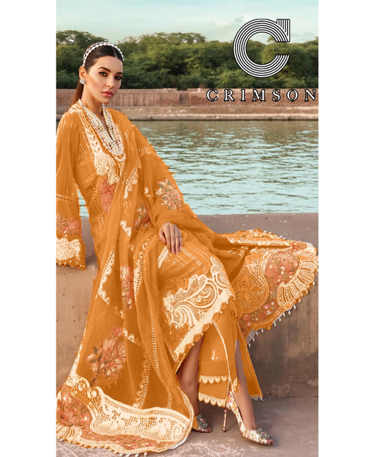 3-PC SUIT ON COTTON CHICKENKAARI WITH CHIFFON DUPATTA KZ-1014