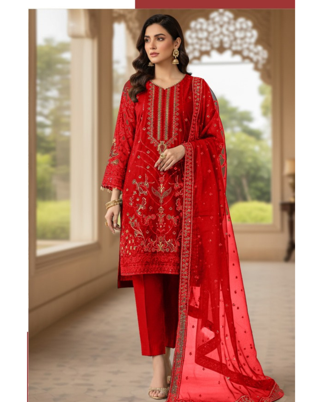 3-PC COTTON CHICKENKARI WITH Chiffon Dupatta KZ1004