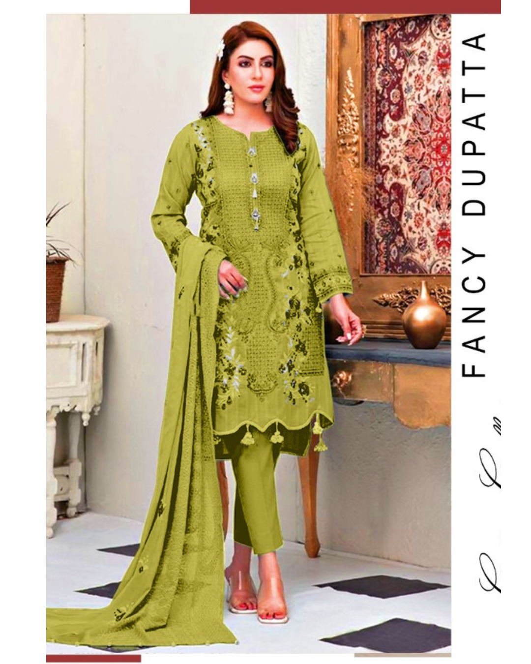 3-PC Cotton Suit With Chiffon Dupatta KZ-1006